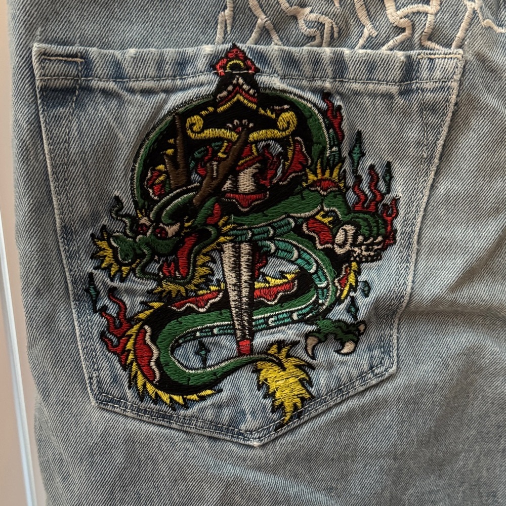 Embroidered Dragon Patch Light Wash Denim Pocket